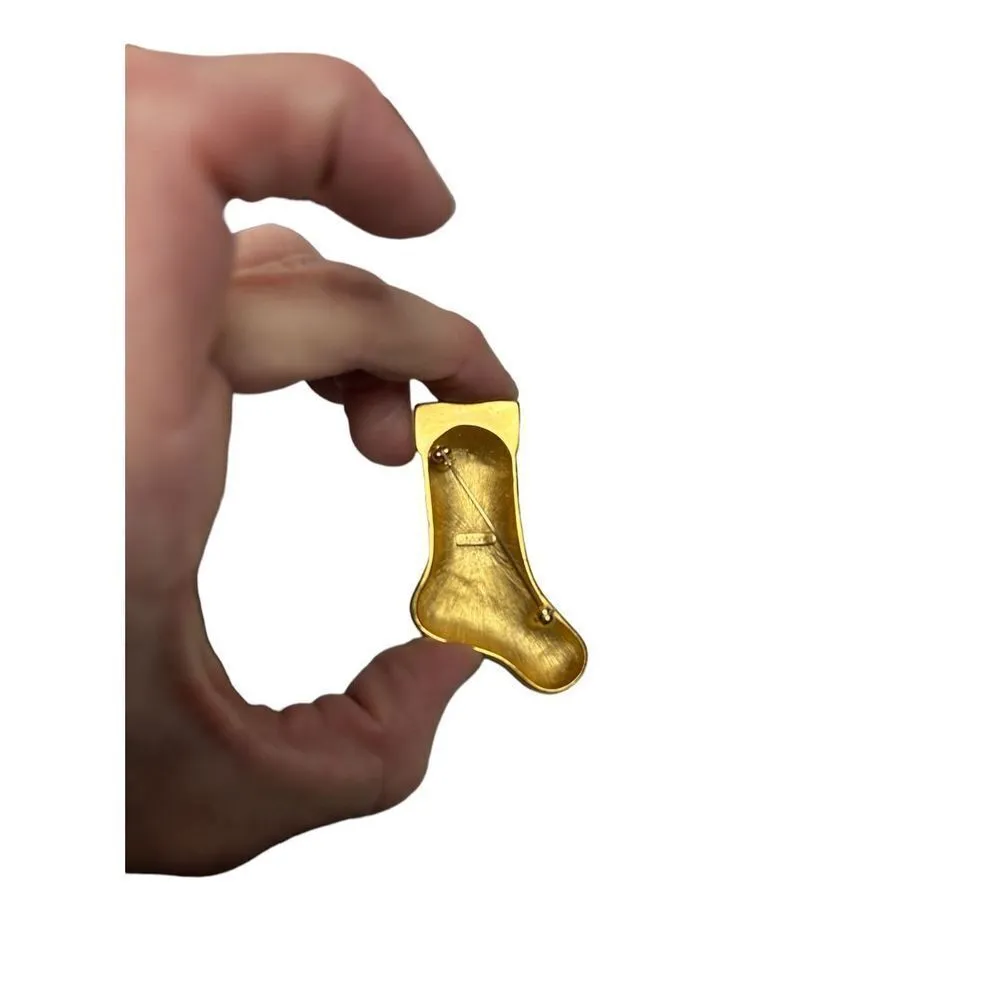 Vintage MONET Christmas Stocking Brooch Brushed Gold Tone with Rhinestones - Image 4