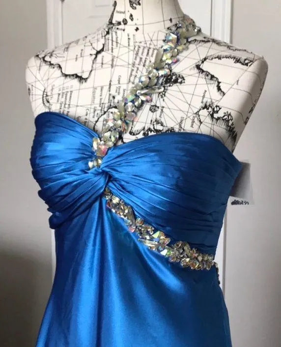 Mermaid High Low Formal Evening Prom Gown Asymmetric Slit Satin Blue Size 12 - Image 3