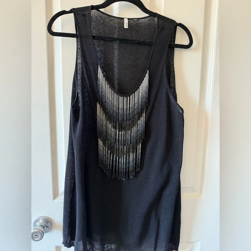 SMITTEN Black Knit Sleeveless Top with Beaded Fringe Size M - Image 3