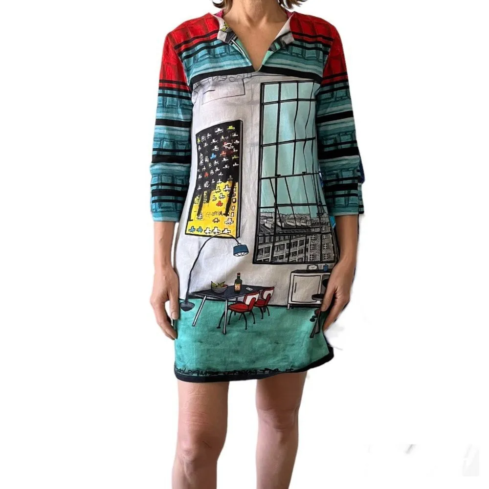 AVENTURES DES TOILES Dress Graphic Print Stretch Size 38 US Small - Image 4