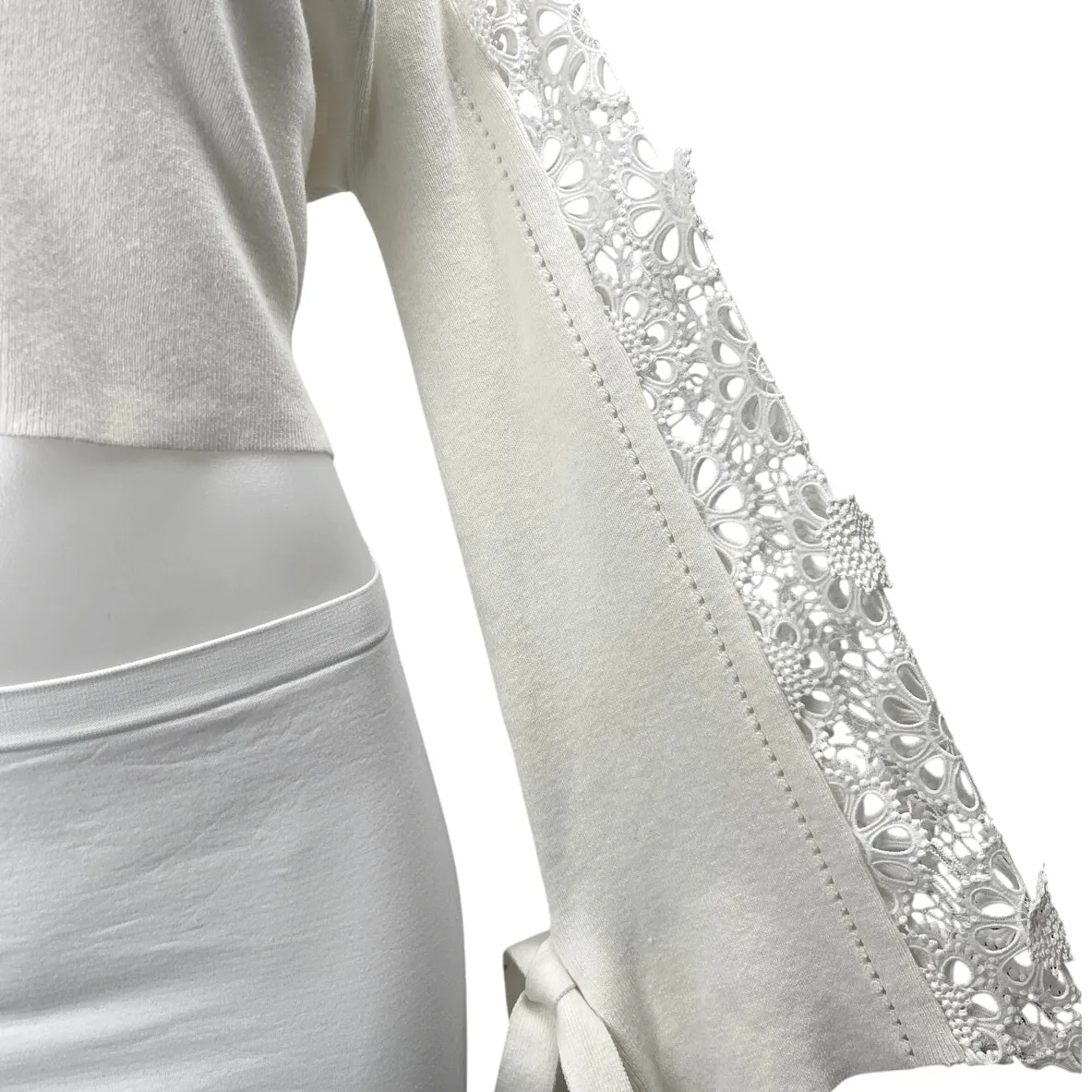 French Connection Leona Pointelle White Crochet Knit Crop Sweater Top Size XS - Image 8