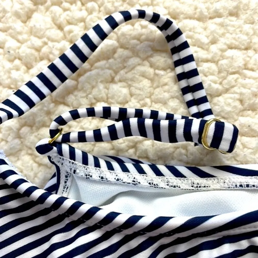 Xhilaration Navy and White Stripe Ruffle Bikini Top Tie Sides Bikini Bottom Sz L - Image 5