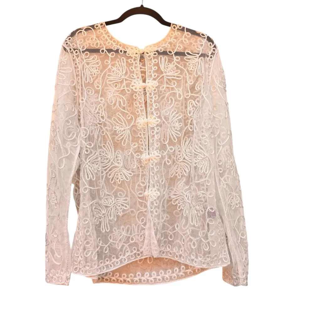 Vintage Princess Cruises White Metallic Sheer Lace Embroidered Blouse XL Formal Silver - Image 7