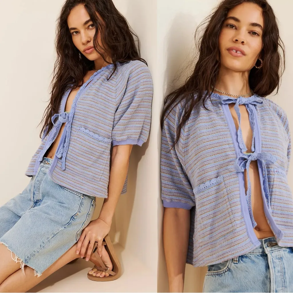 Free People Crochet Terry Cloth Sweatshirt Cardigan Periwinkle Stripes Large - Image 2