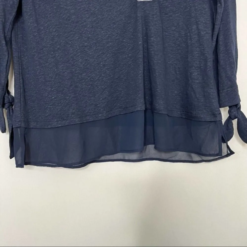 New Navy Blue Layered Long Sleeve Top with Tie Sleeves and‎ Chiffon Hem Detail Size M - Image 6