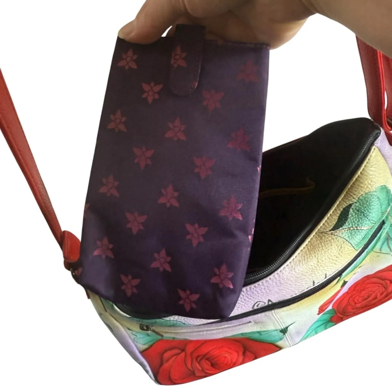 Anuschka Hand Painted Leather Hobo Fringed Roses Leather Wallet Purse Boho 8339 - Image 7