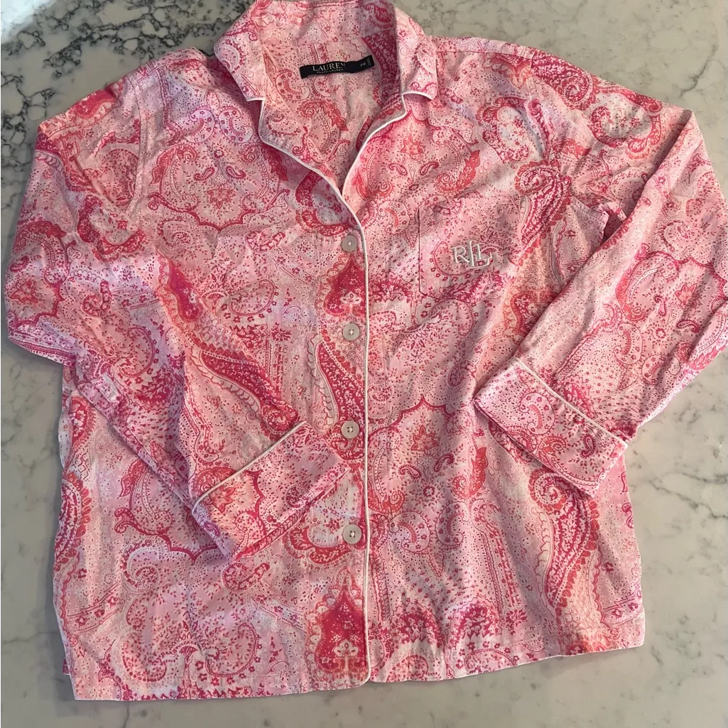 Women's Lauren Ralph Lauren black label pink embroidered paisley pajama top PM Size undefined - Image 2