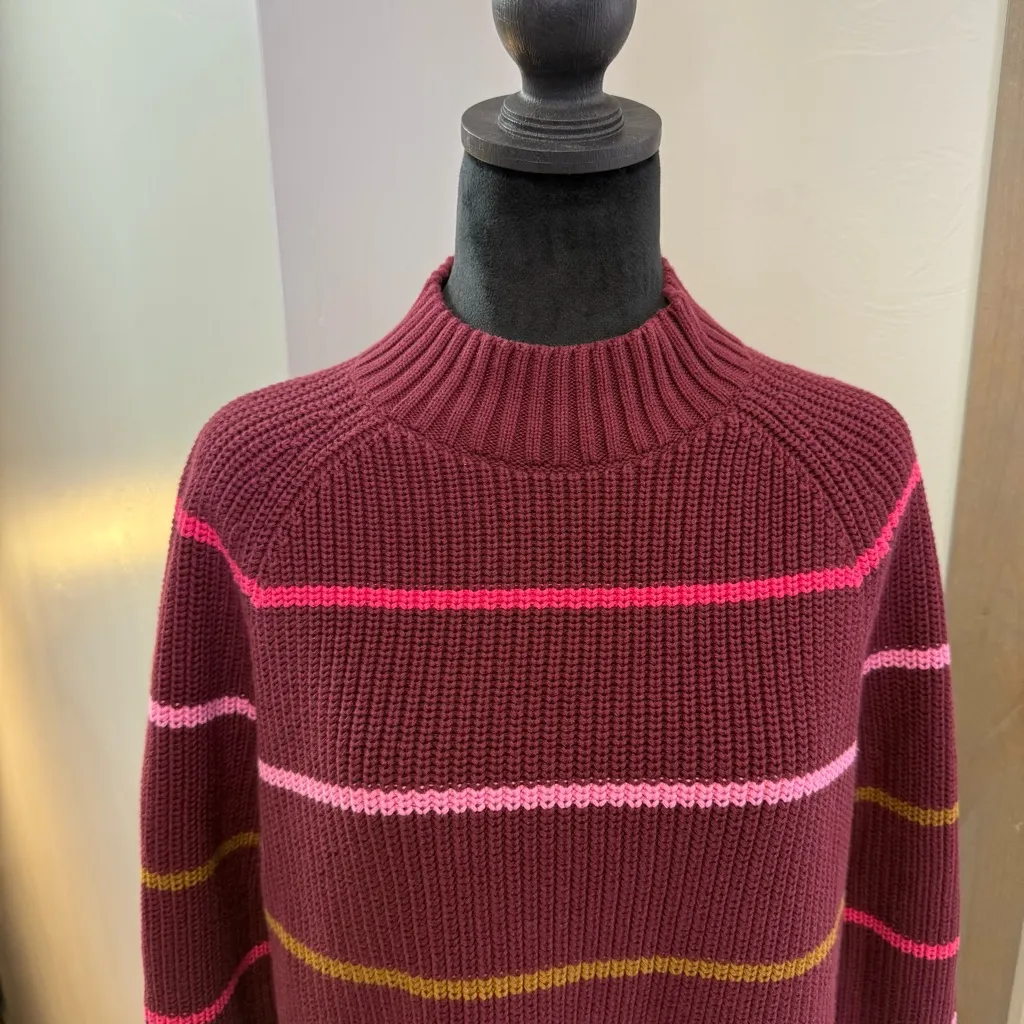 Lands' End Drifter Shaker Easy Fit Mock Neck Tunic Sweater Maroon Pink Stripe L - Image 2