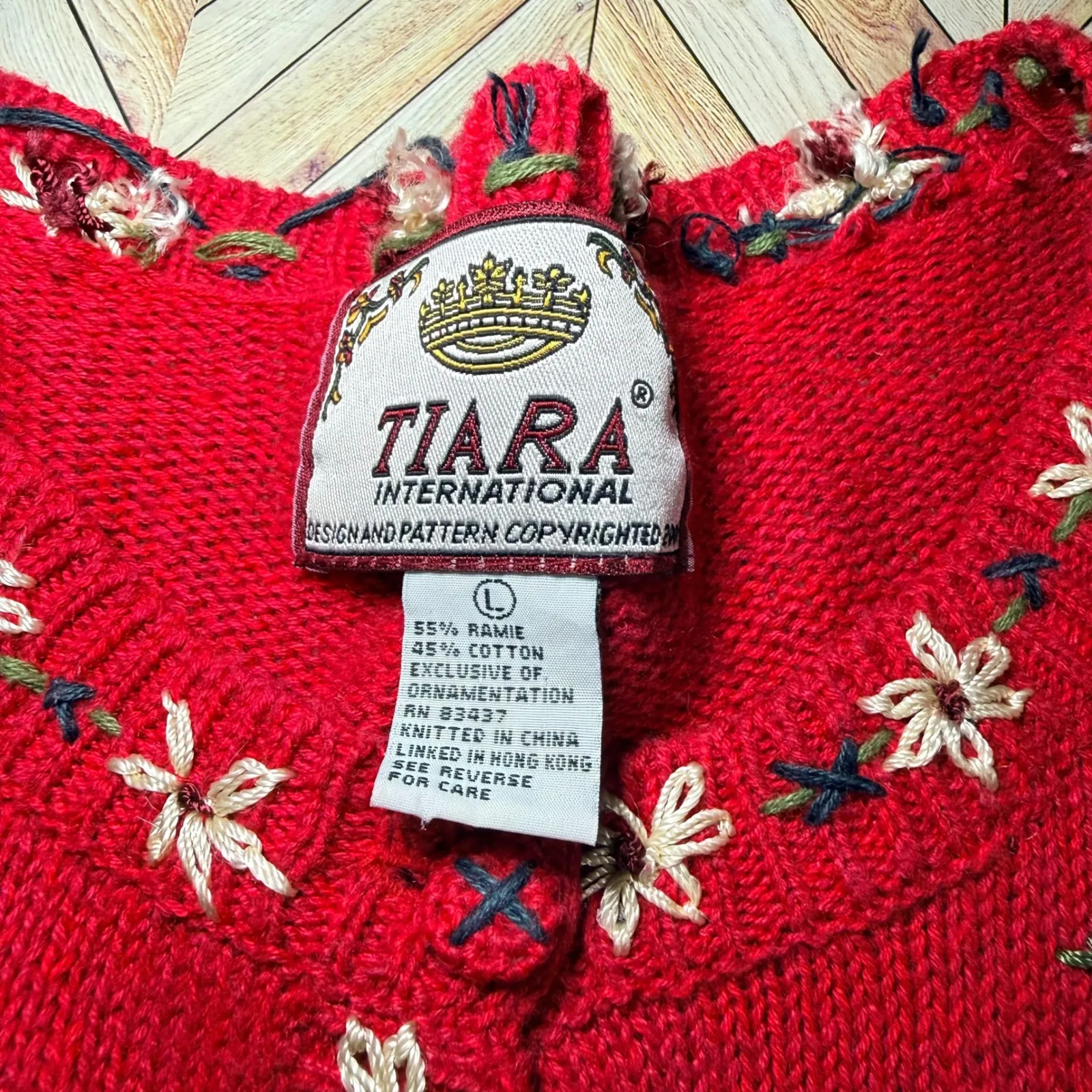 Vtg Red Embroidered Heart Floral Knit Cardigan Sweater Lg Valentines Day Granny - Image 2