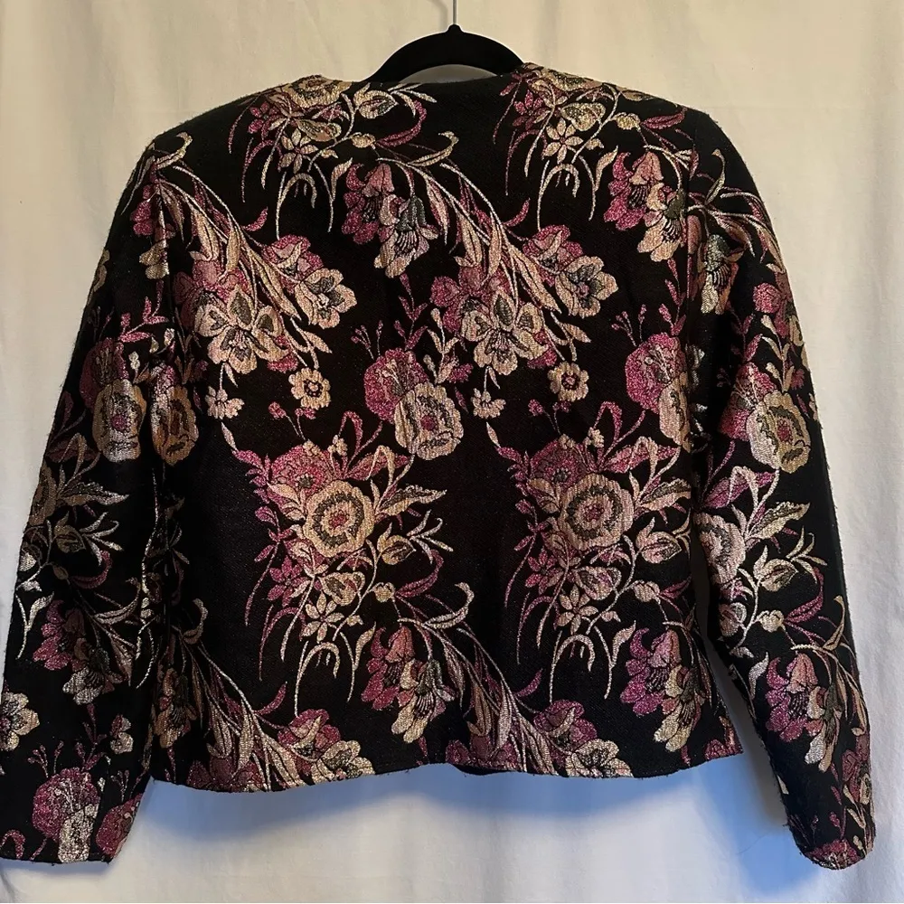 Ellen D 80’s Vtg Jacket Floral Metallic Black Multi Collarless V-Neck L Fits Med - Image 4