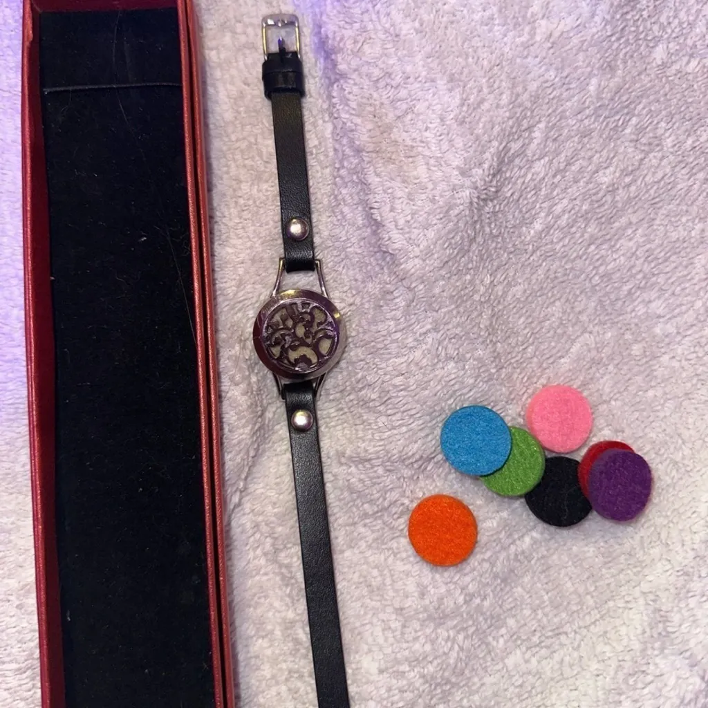 Black Leather Strap Watch with Silver Floral Design - Image 2