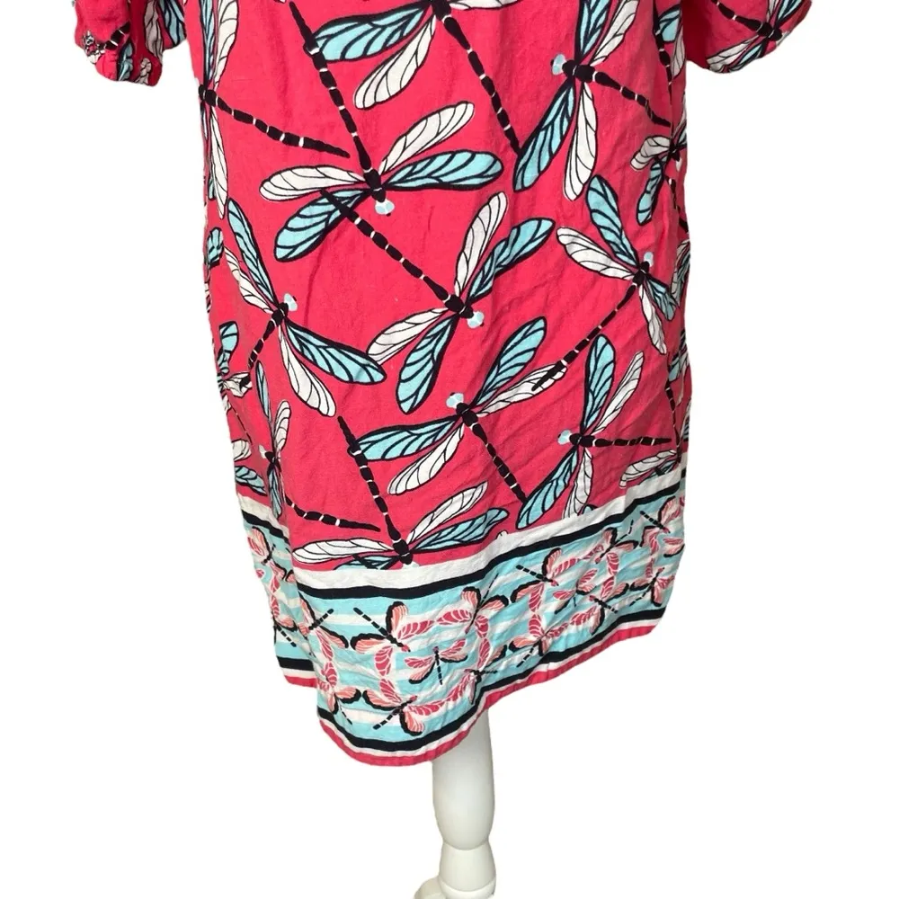 Crown‎ & Ivy Womens Dress Dragonfly Linen Blend Small Pink Blue Off Shoulder EUC - Image 2