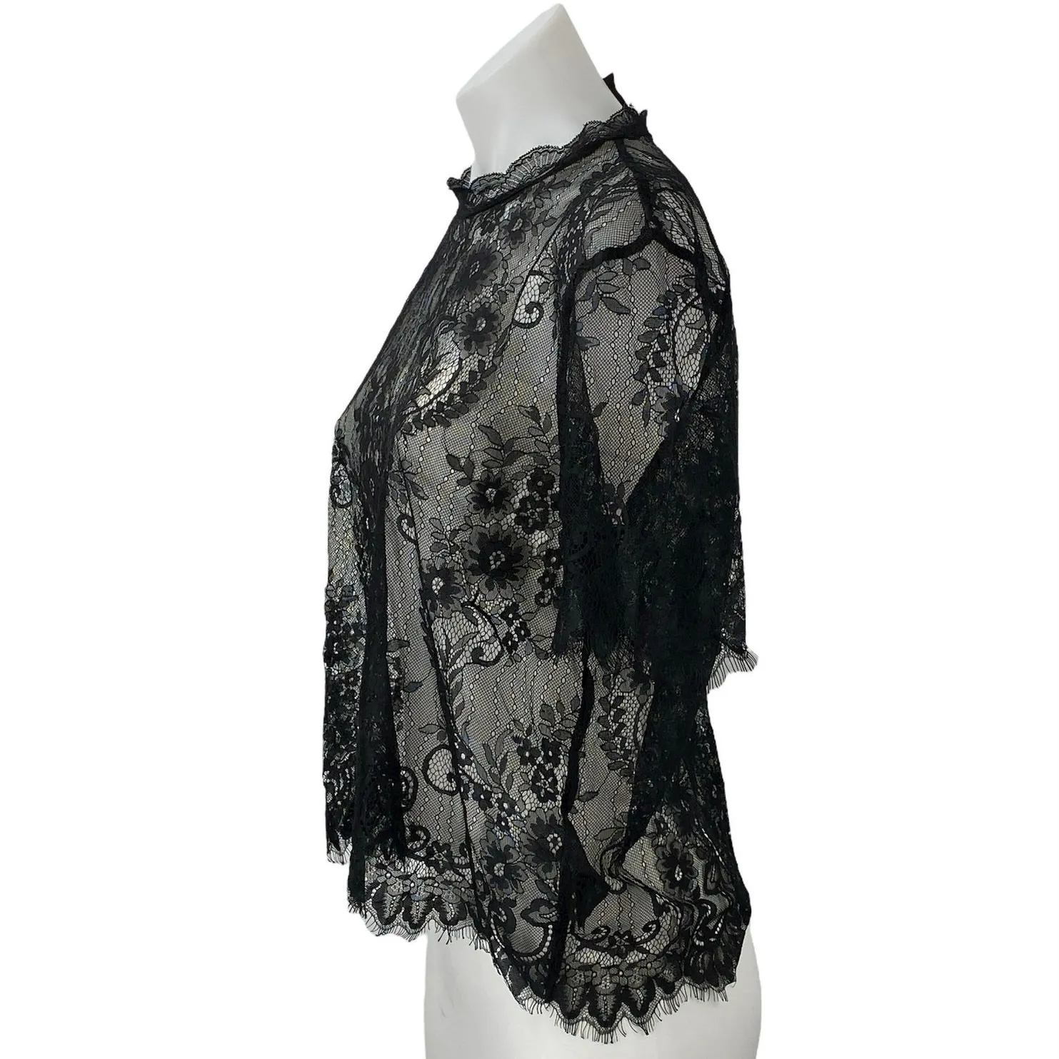 H&M Divided Black Floral Paisley Sheer Short Sleeve Lace Fringe Blouse Top Sz 8 - Image 2