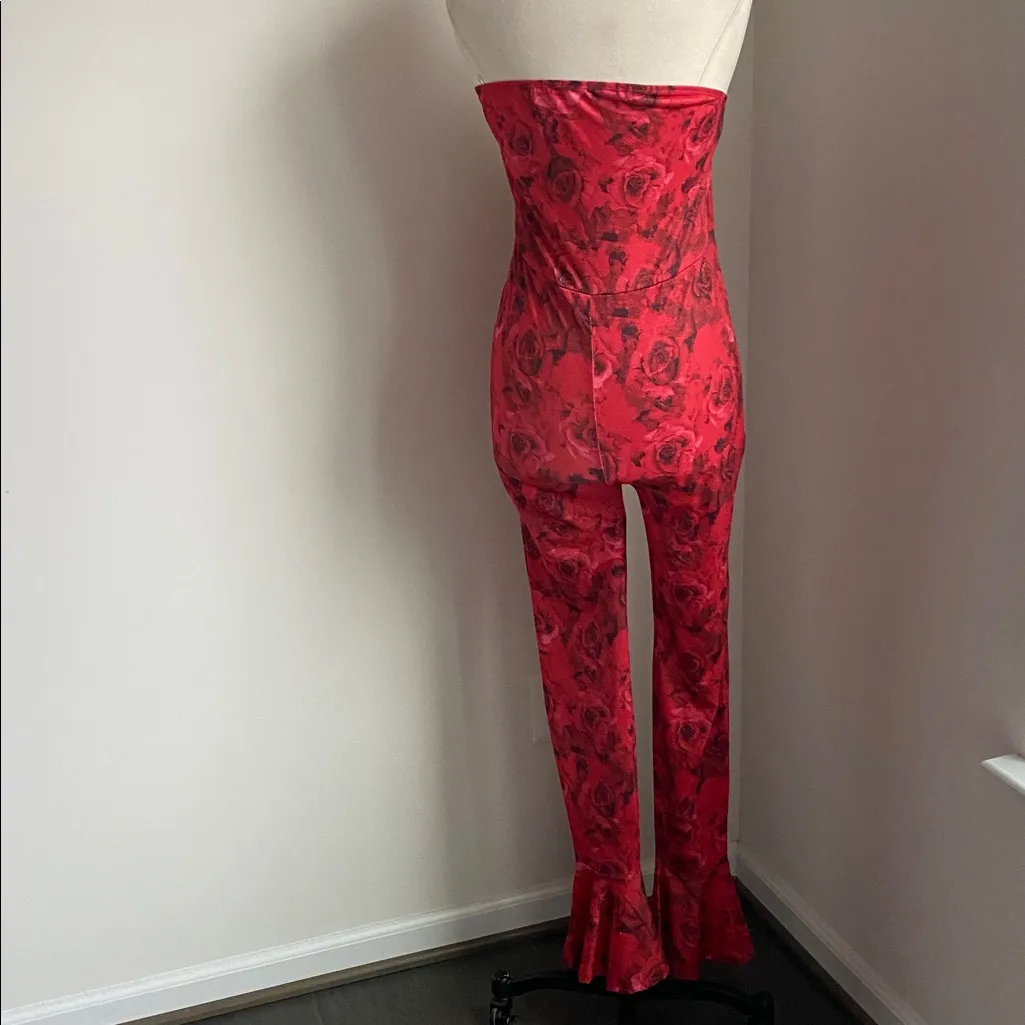 SHEIN Red Floral Jumpsuit Womens Sz Large Strapless Peplum Ankle - Image 5
