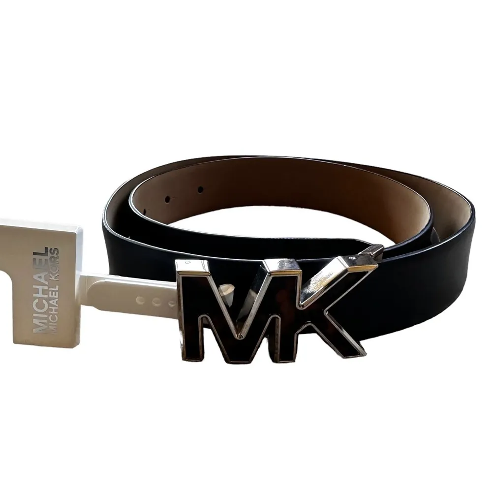 NWT Michael Kors MK Logo Animal Print Buckle Brown Leather Belt Genuine Leather - Image 2