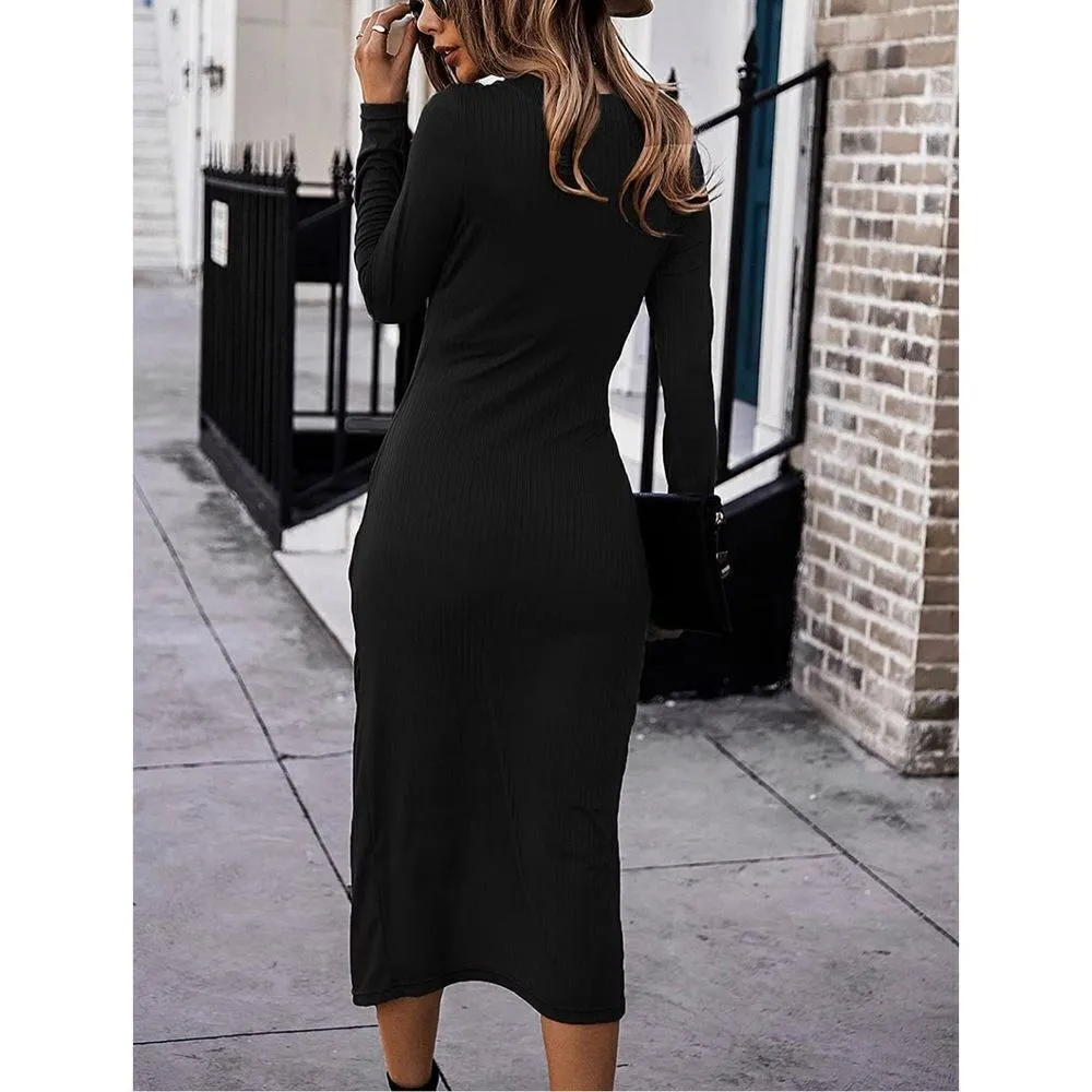 NEW Bodycon Midi Dress V Neck Twist Front Waist Slit Ribbed Knit L Black Size L - Image 2