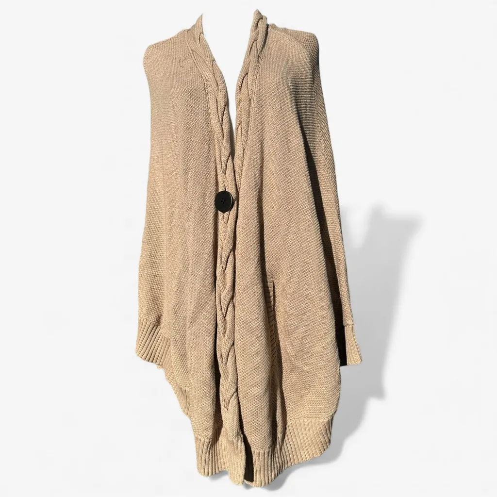 UGG Anjeline Knit Cape Poncho Sweater M/L Beige Braided Trim Cozy Layering Piece - Image 2