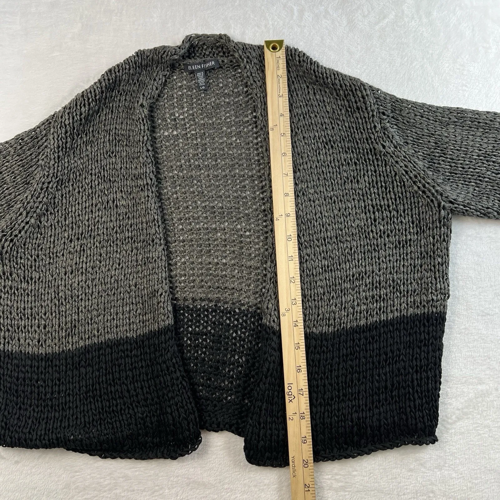 EILEEN FISHER L Large Cardigan Sweater Open Front Chunky Knit 3/4 Sleeve Shimmer - Image 7