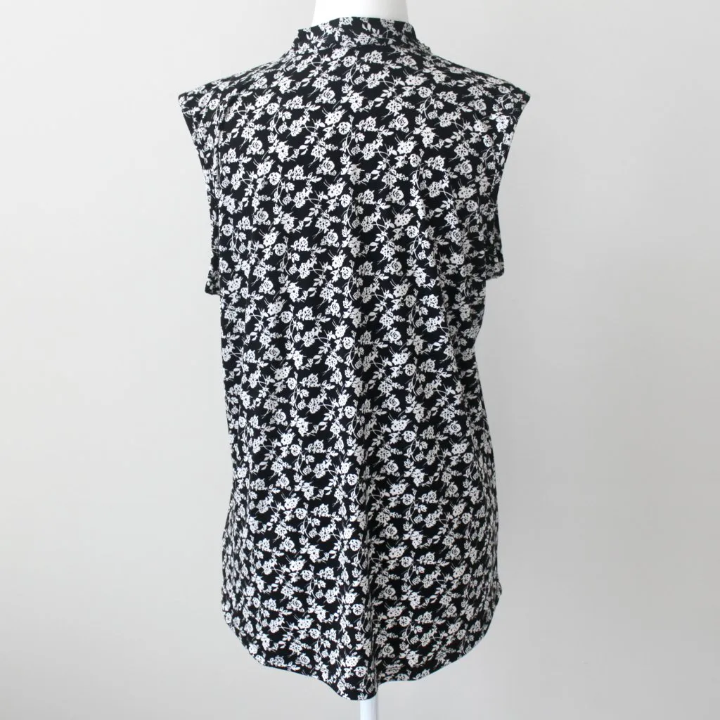 Jones New York Signature Black White Floral Sleeveless Bow Neck Blouse Medium - Image 6