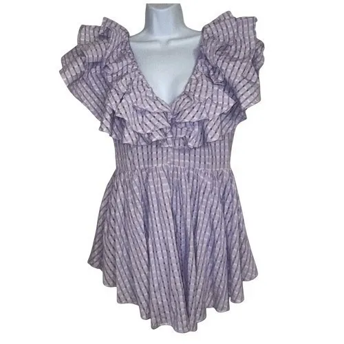 ASOS LUXE Plunge Triple Ruffle Romper In Lilac Gingham Organza Worn Once Size 10 - Image 2