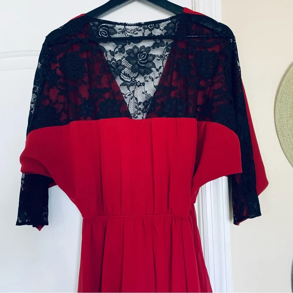 ASOS Deep Red & Black Lace Fit & Flare V-Neck Christmas Party Dress | Size: 6/S - Image 8