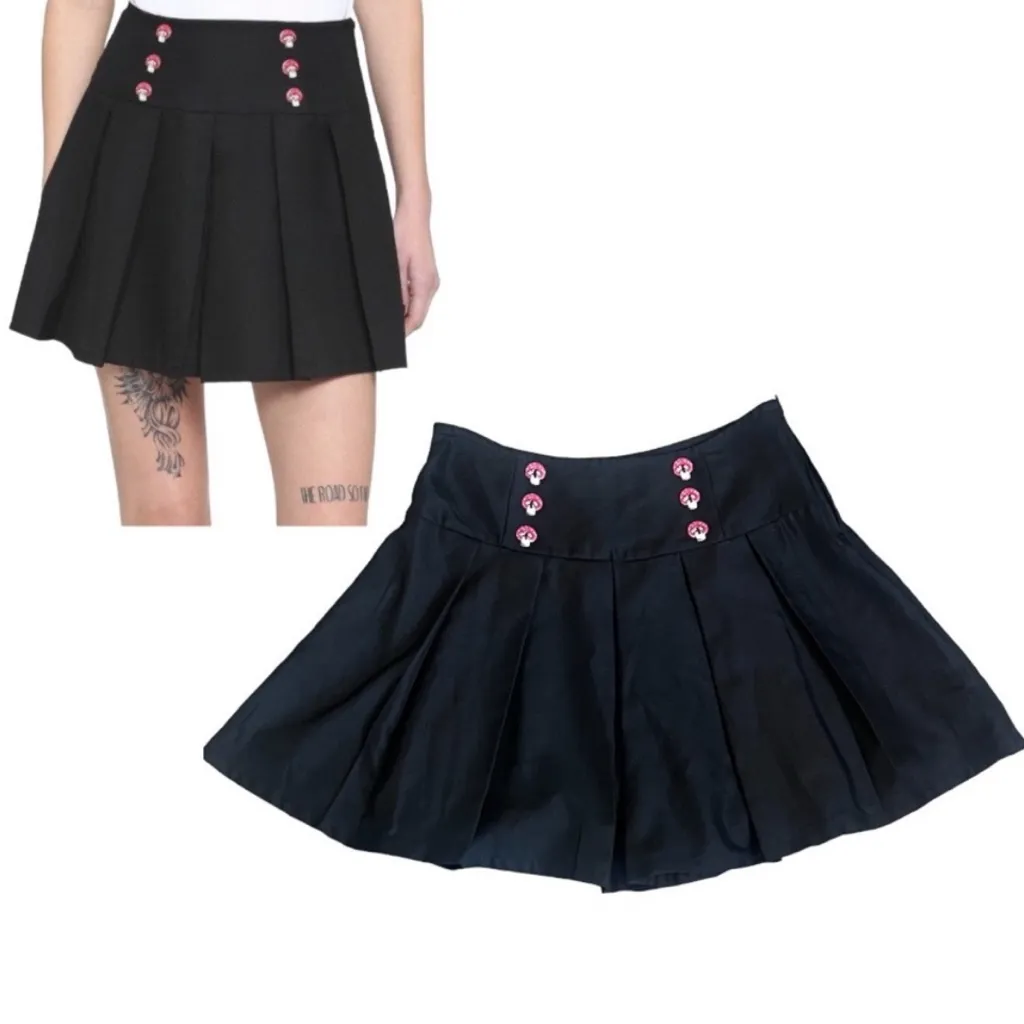 Hot topic retro psychedelic grunge black pleated mini skirt mushroom buttons MED - Image 4