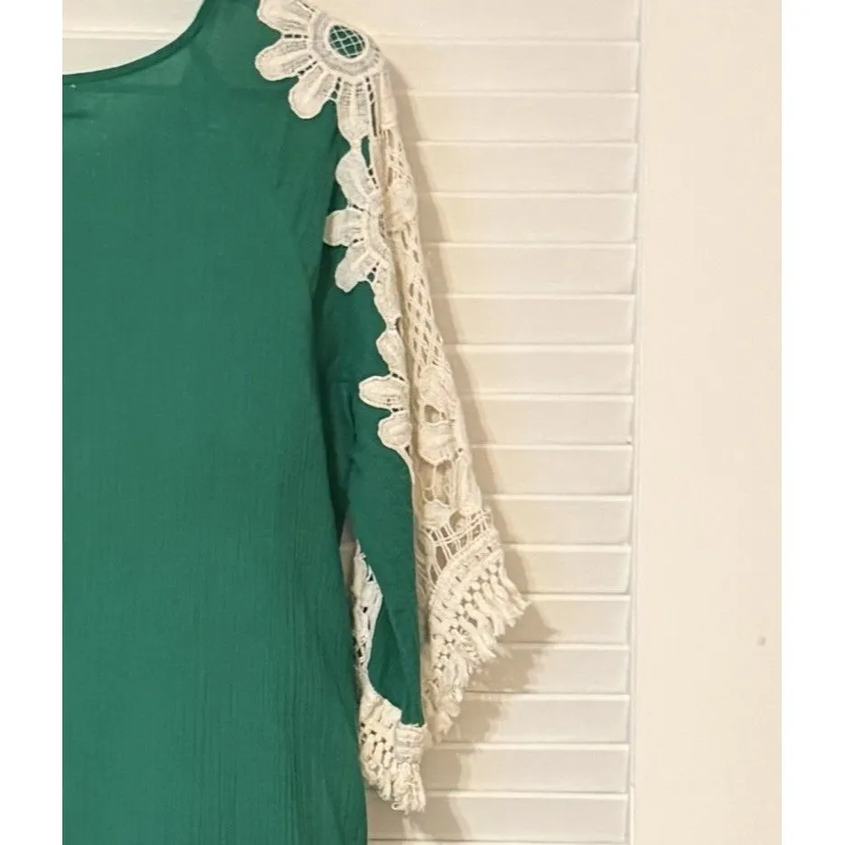 UMGEE Green Gauzy Tunic Top w Flower Crochet Sleeves Fringe Hem Cottagecore Lg - Image 7