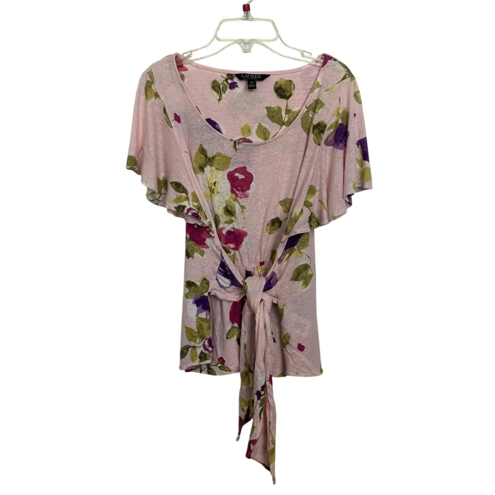Lauren Ralph Lauren Black Label Linen Blend Pink Floral Flutter Sleeve Sz Small - Image 3