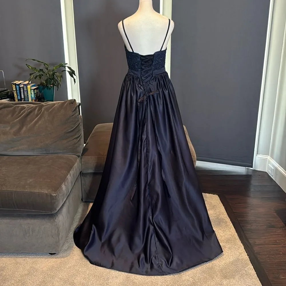 Women’s Blue Full Length Satin Lace Appliqué Party Prom Formal Dress Size 2 NWOT Blue - Image 5