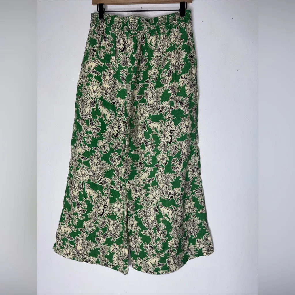 C&C California cropped wide leg Green Floral Animal pants size M‎ 100% linen - Image 2