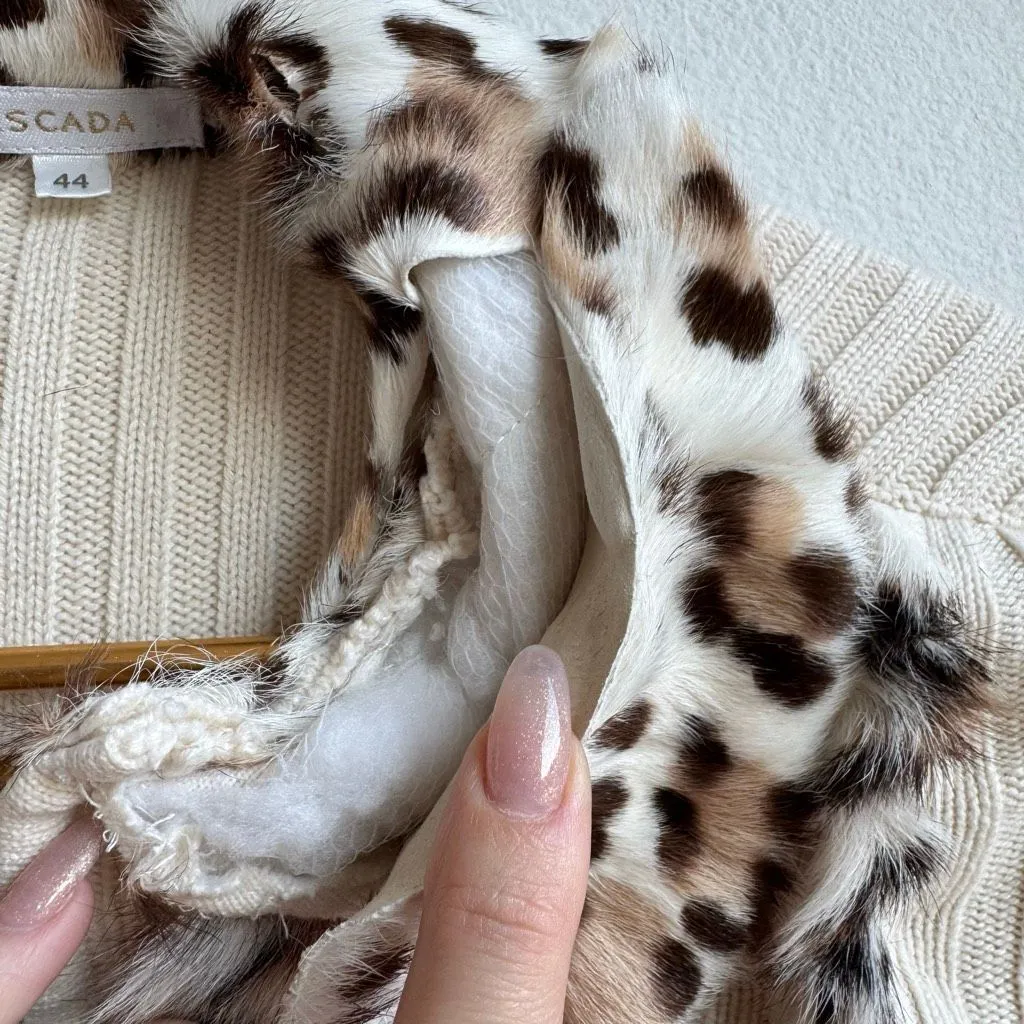 Vintage Escada Goat Leather Fur Trim Wool Cashmere Sweater Cardigan Size 44 XL Brown - Image 3