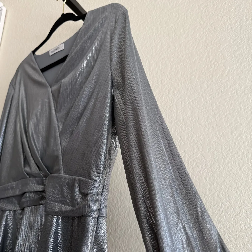 Glam Metallic Peplum Long Sleeve V Neck Silver Top Large Party Chic Party Flare - Image 6