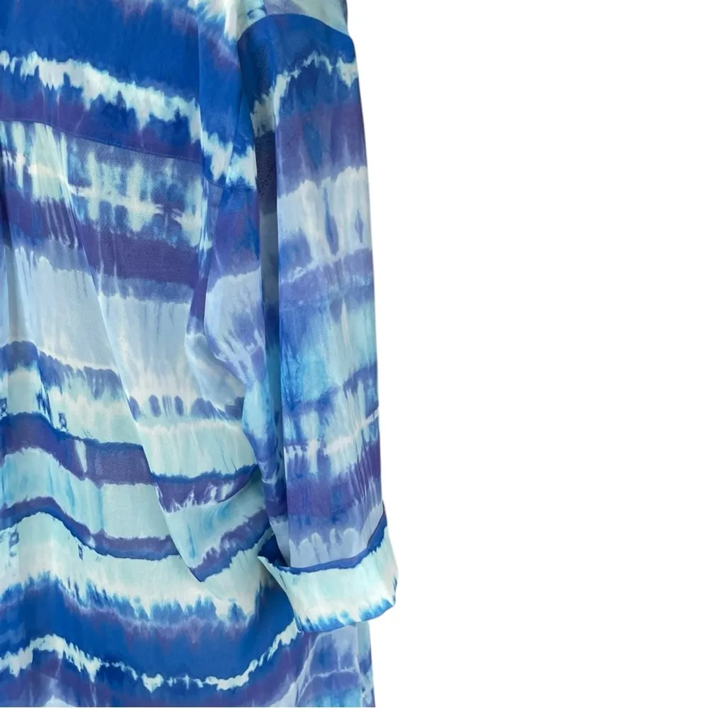 Chico's M Jillian Sheer Blue Tie-Dyed Cuffed Elbow Sleeve Split Neck Hi/Low Top - Image 6