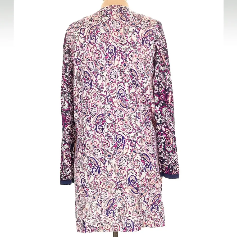 LANDS' END Long Open Front Cardigan Sweater Ivory Paisley Purple Size Med 10-12 - Image 6
