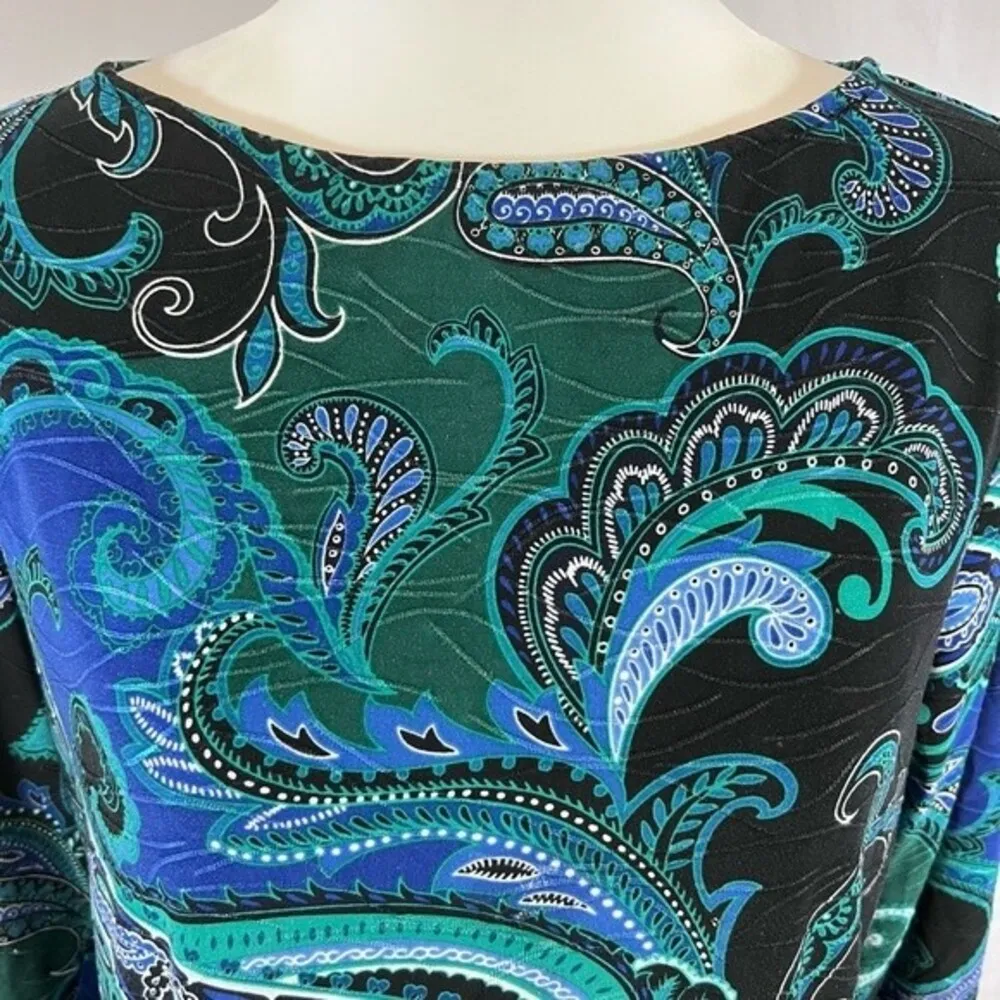 royal blue black and green paisley print jacquard top size large - Image 2
