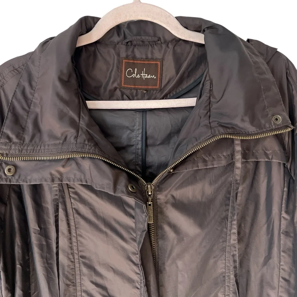 Cole Haan Women’s Metallic Dark Brown Hooded Lightweight Trench Coat Zip Closure - Image 3