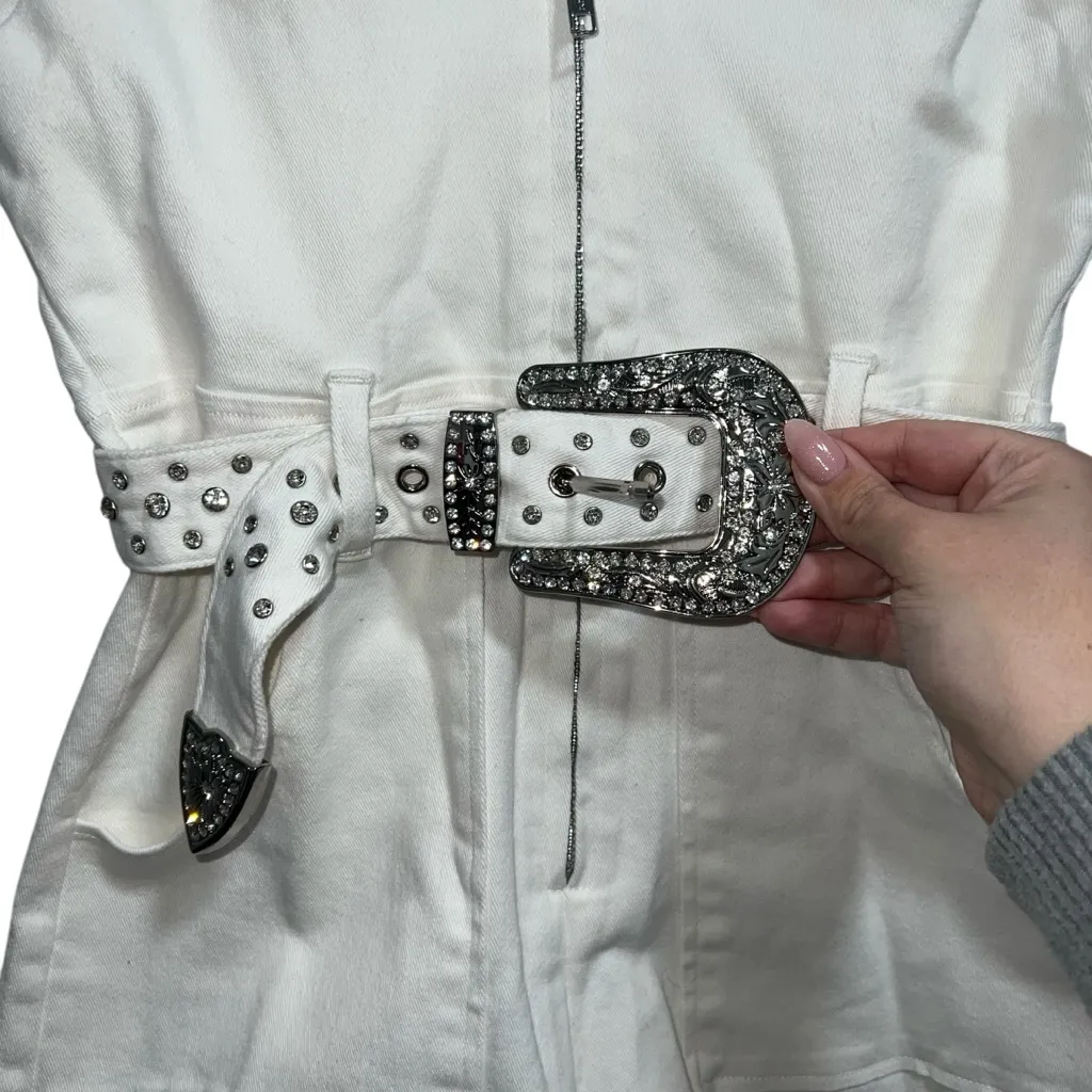 NEW NWT Show Me Your Mumu Outlaw Romper White Rhinestone Fringe Denim - Image 10