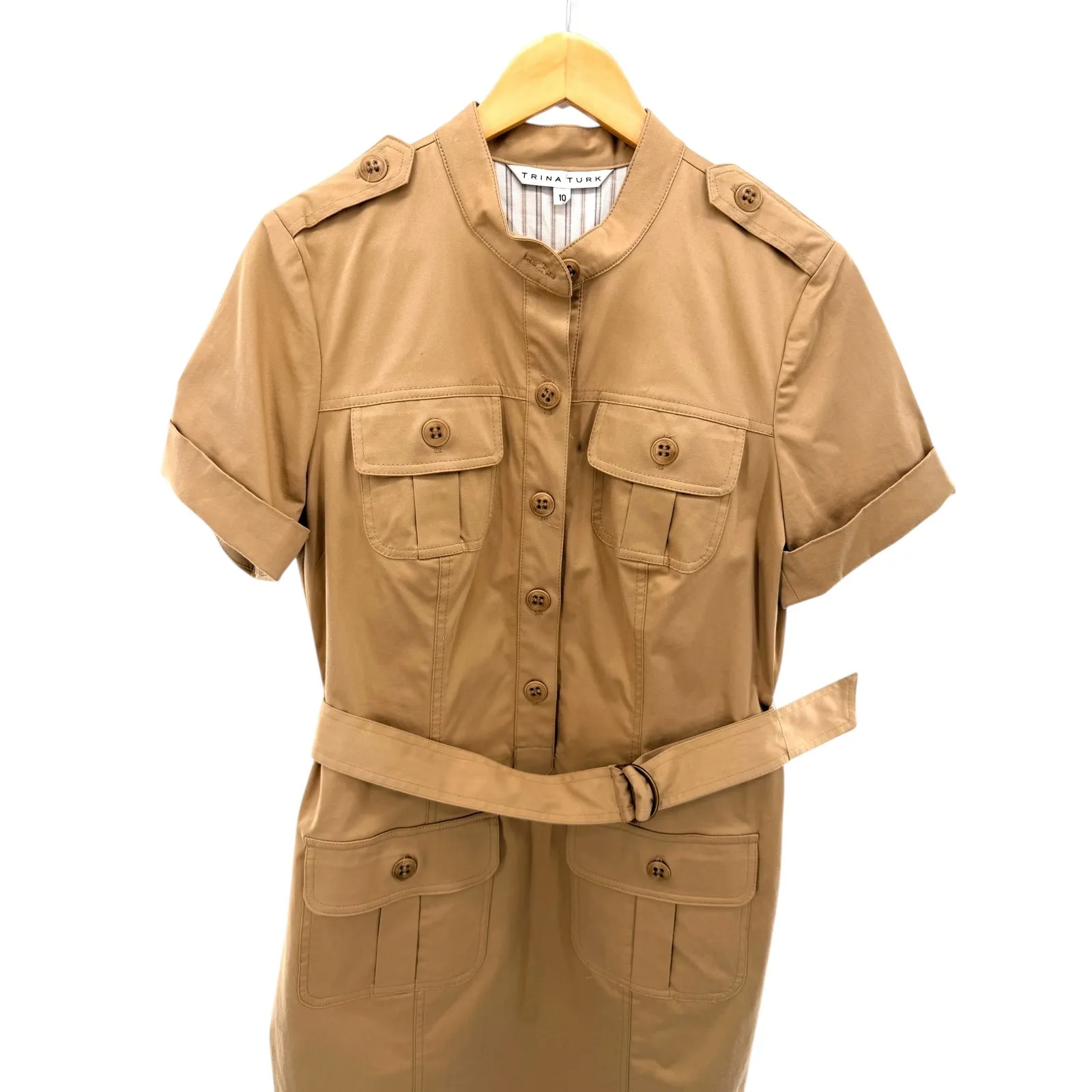 Trina Turk Safari Utility Shirt Dress Tan Belted Pockets Short Sleeve Size 10 - Image 2