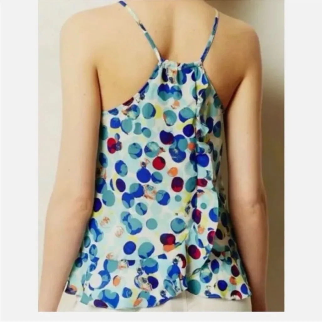 Anthropologie Maeve Zaballa 100% Silk Tank Aqua Motif Dotted Ruffled Sz 14 - Image 4