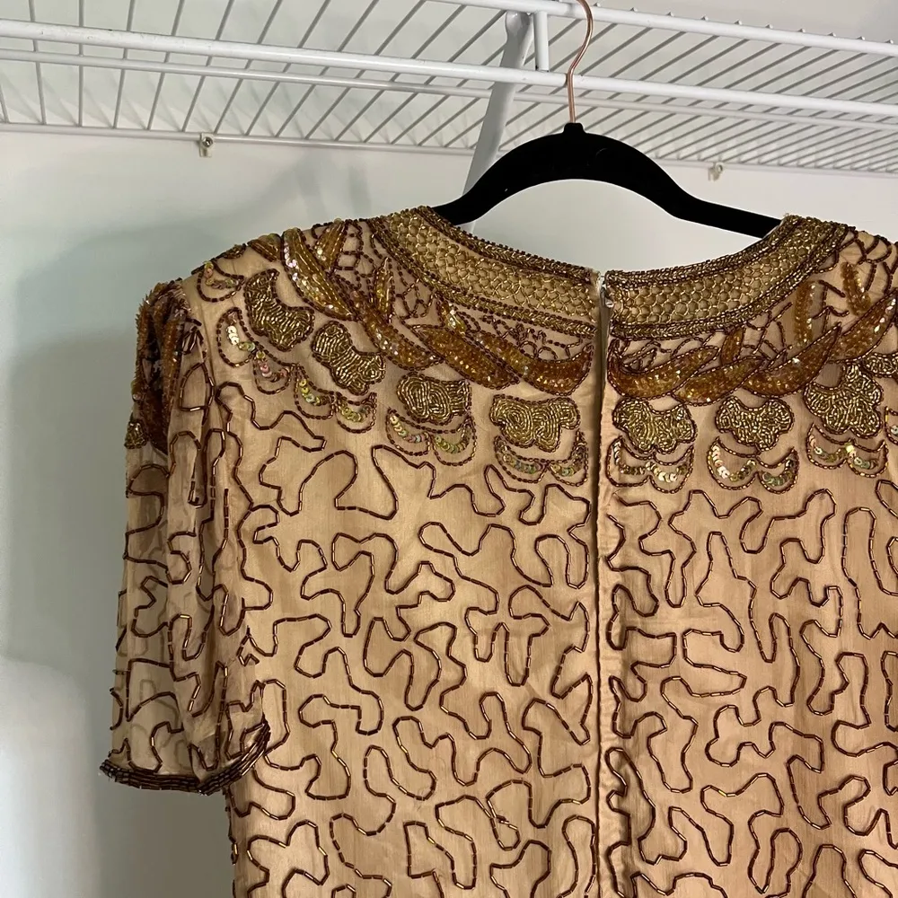 Vintage Silk Beaded 1980s Dress Brown Size XL - Image 8