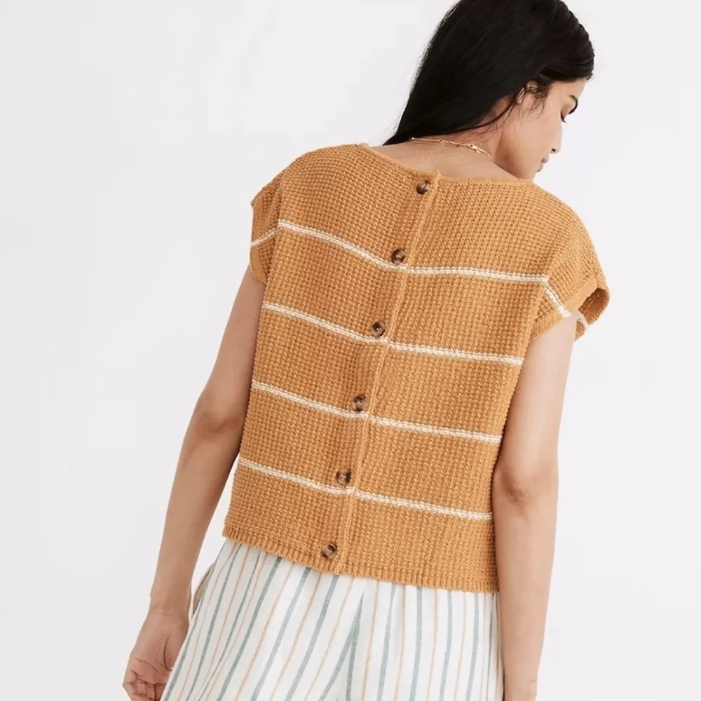 Madewell Mustard striped Boatneck Button Back 100% cotton sweater size small - Image 2