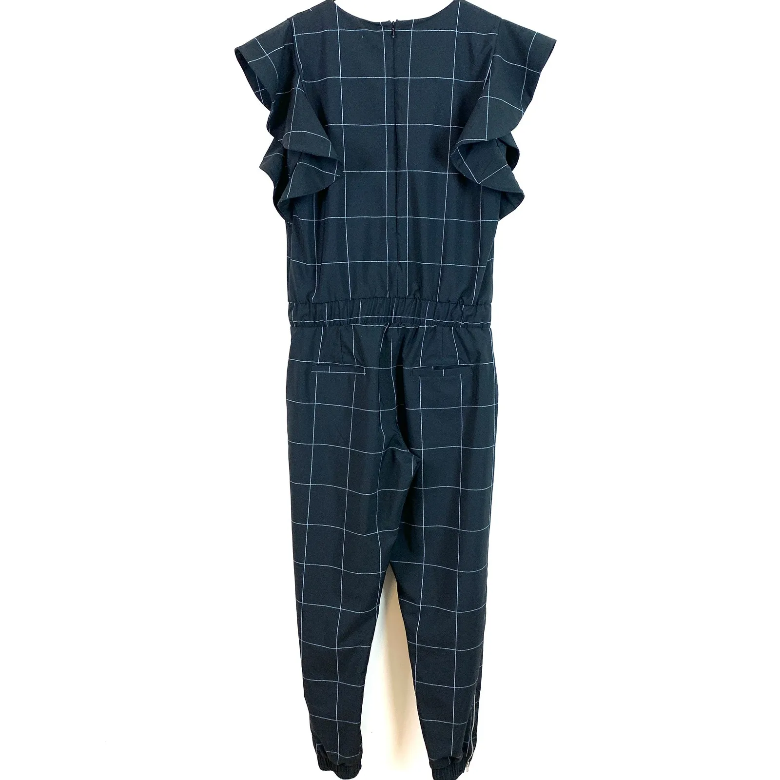 Albion Fit 9 To 9 Ruffle Short Sleeve Jumpsuit Black White Windowpane XS - Image 8