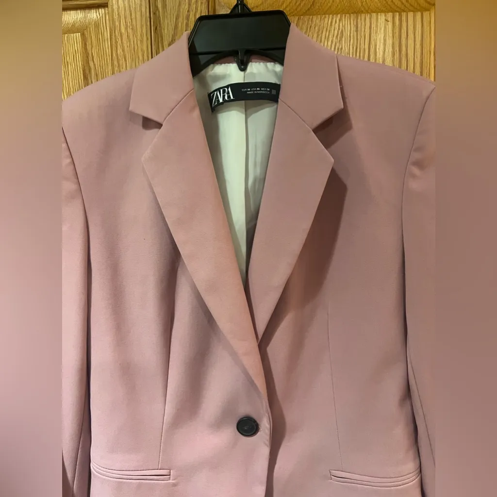 ZARA Classic One-Button Pink Suit Business Career Work‎ Stretch Blazer Size 6 - Image 5
