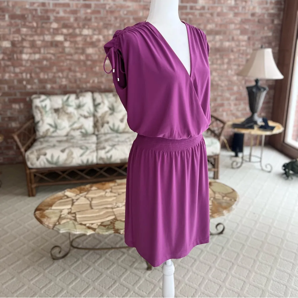 NWT WHBM Dress Tie Shoulder Mini Cap Sleeves Purple Knit M Smock Waist Party - Image 11
