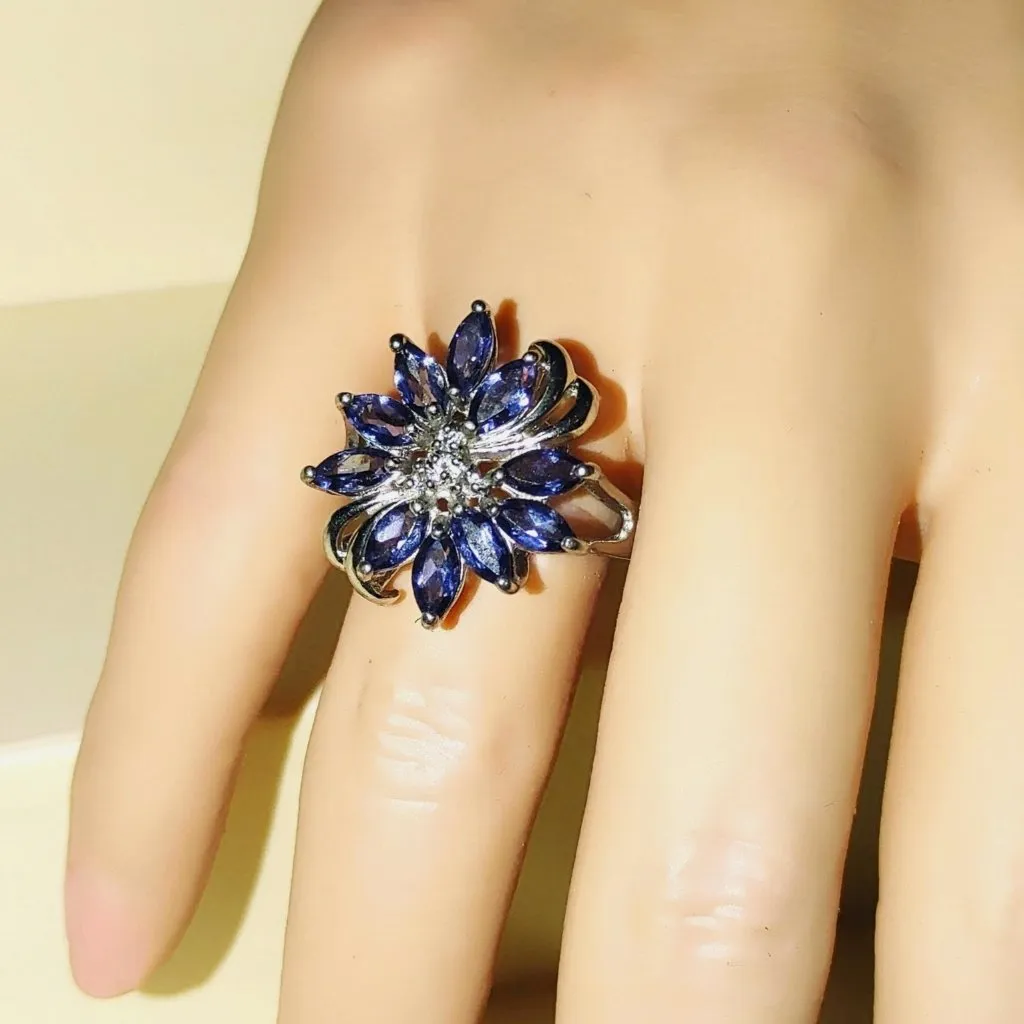 Tanzanite Flower Ring Size 7 Sterling Silver 925 Sparkling Accents Stamped RJ - Image 4