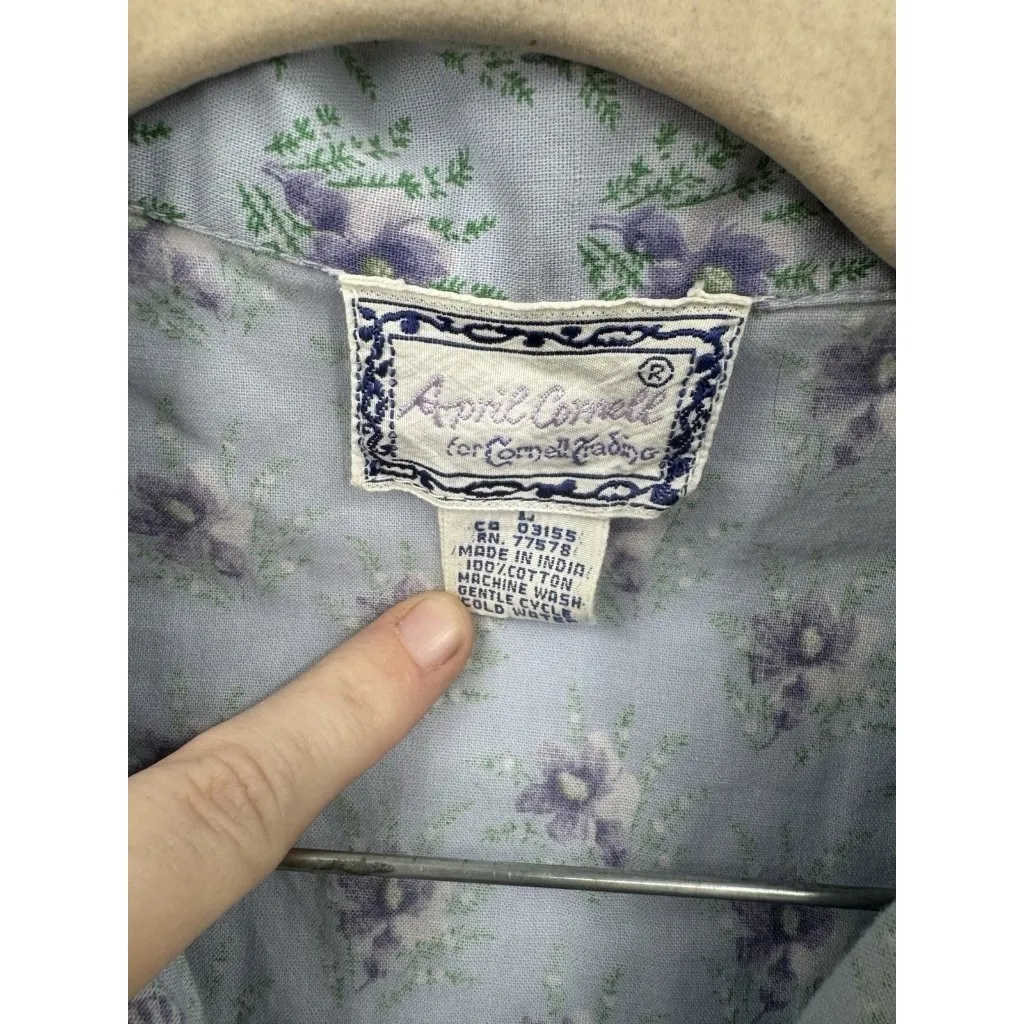 April Cornell Floral Button Front Cotton Shirt Women Large VTG Cottage Peasant Blue - Image 3