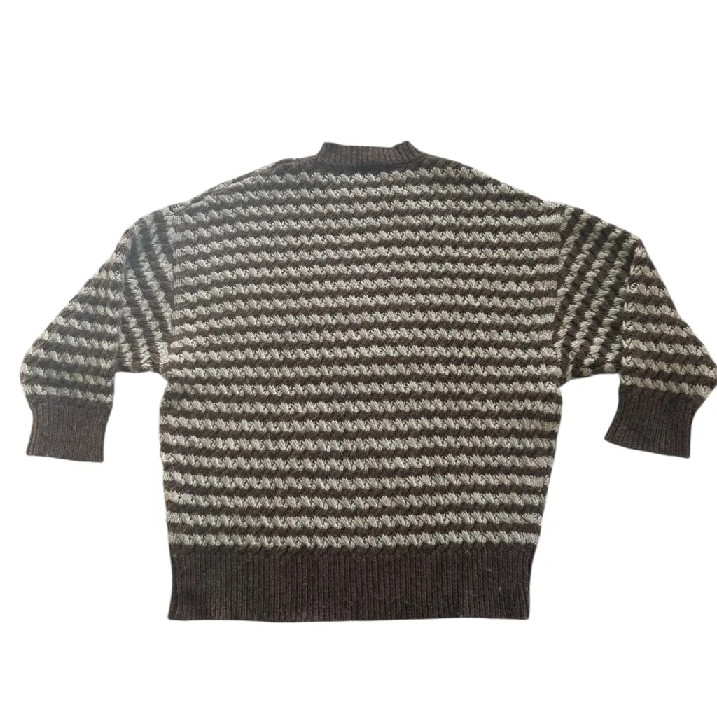 ZARA Brown Ivory Striped Oversized Slouchy Wool Crewneck Knit Sweater Size L - Image 13