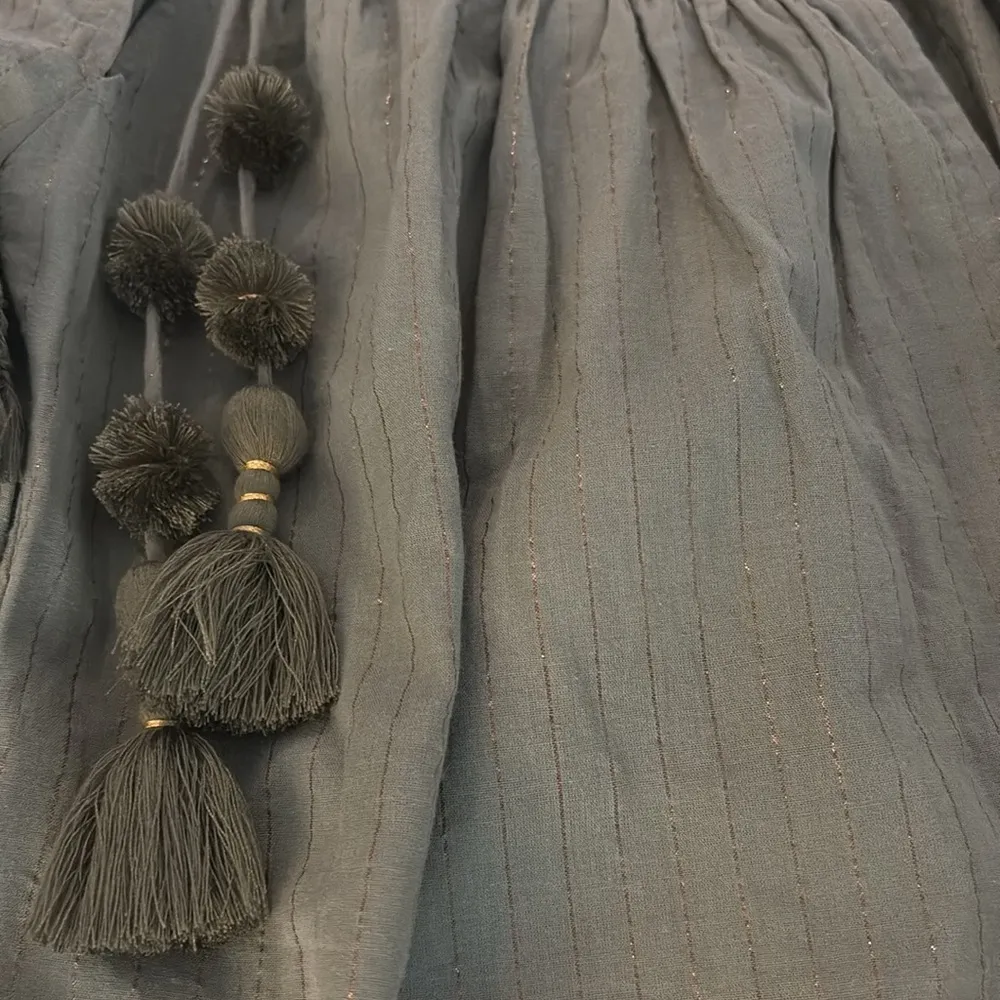 Poupette St Barth Long Sleeve Off Shoulder Tassle Tie Blouse Green Gold Shimmer Size M - Image 14