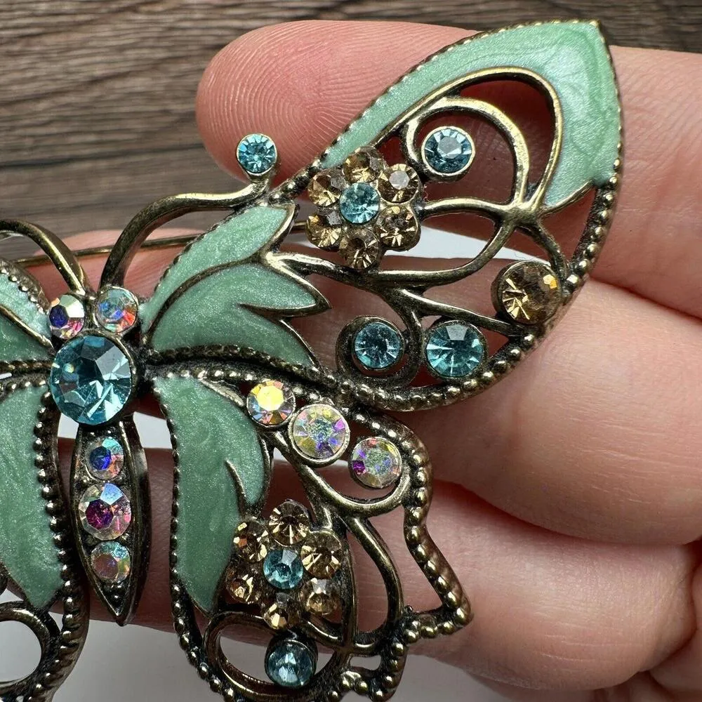Large Avon SP Rhinestone Butterfly Insect Enamel Gold Tone Brooch Pin Blue Green - Image 6