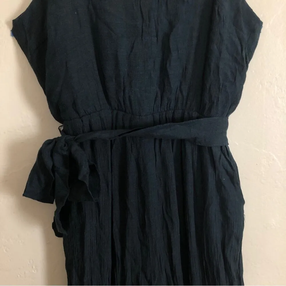 Flawless Navy Blue Organza Wide Leg Spaghetti Strap Tie Waist Romper Jumpsuit - Image 2